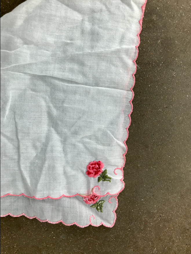 White Handkerchief With Hand Embroidered Pink Flowers