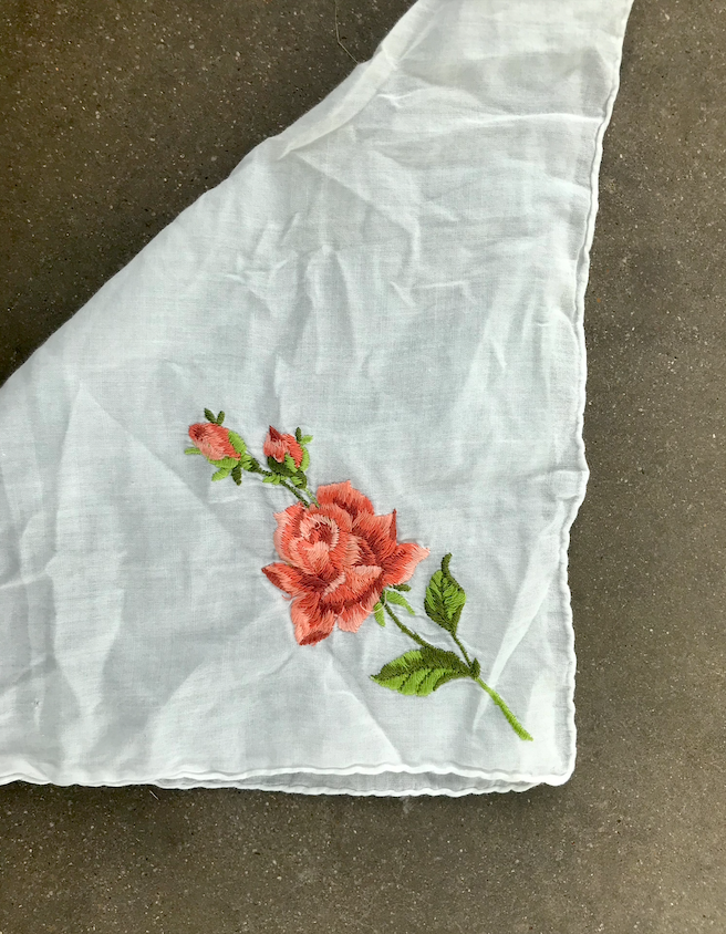 Vintage Hand Embroidered Pink Single Rose Handkerchief
