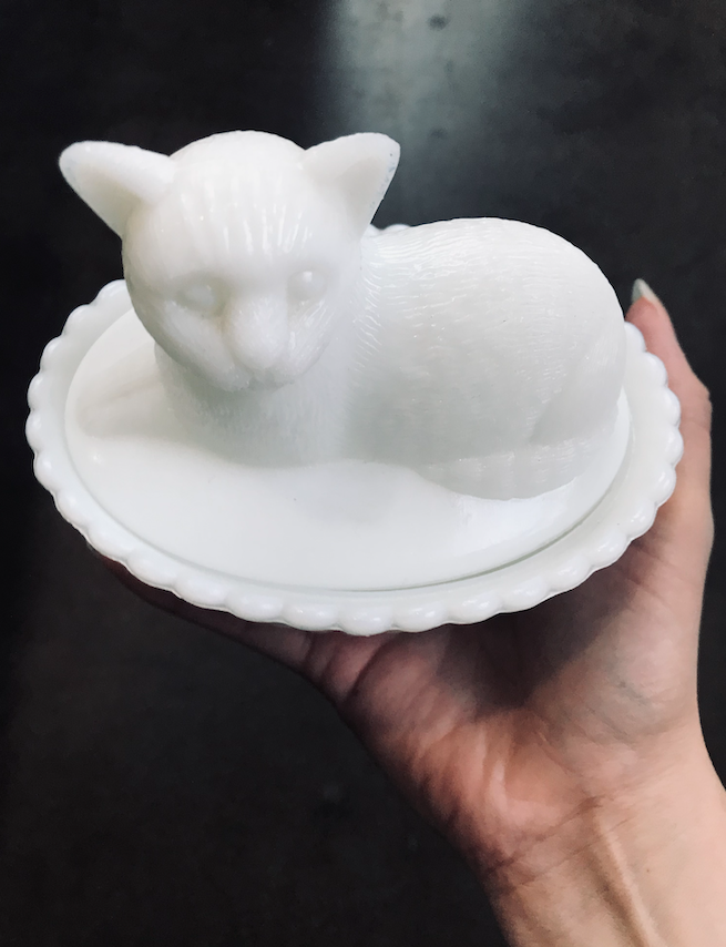 Milk Glass 30's Cat Trinket Box