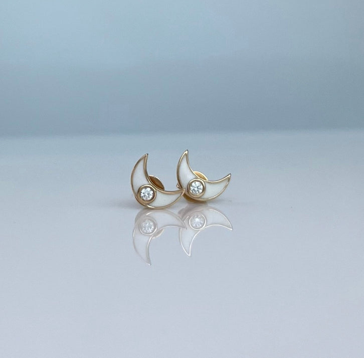 Vintage 18k Gold Enamel Crescent Earrings w/ Diamonds