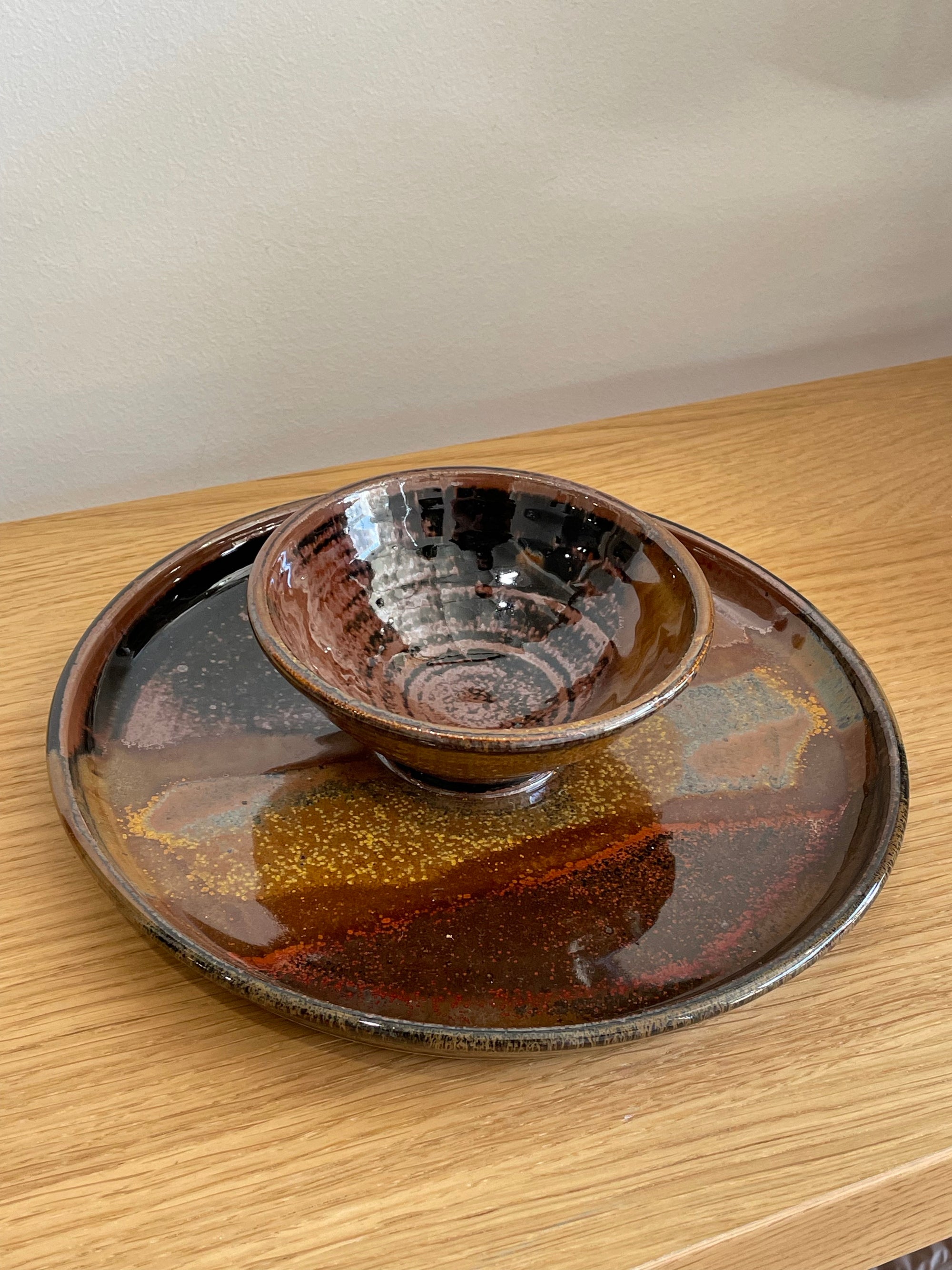 Vintage Brown Glazed Chips & Dip Dish
