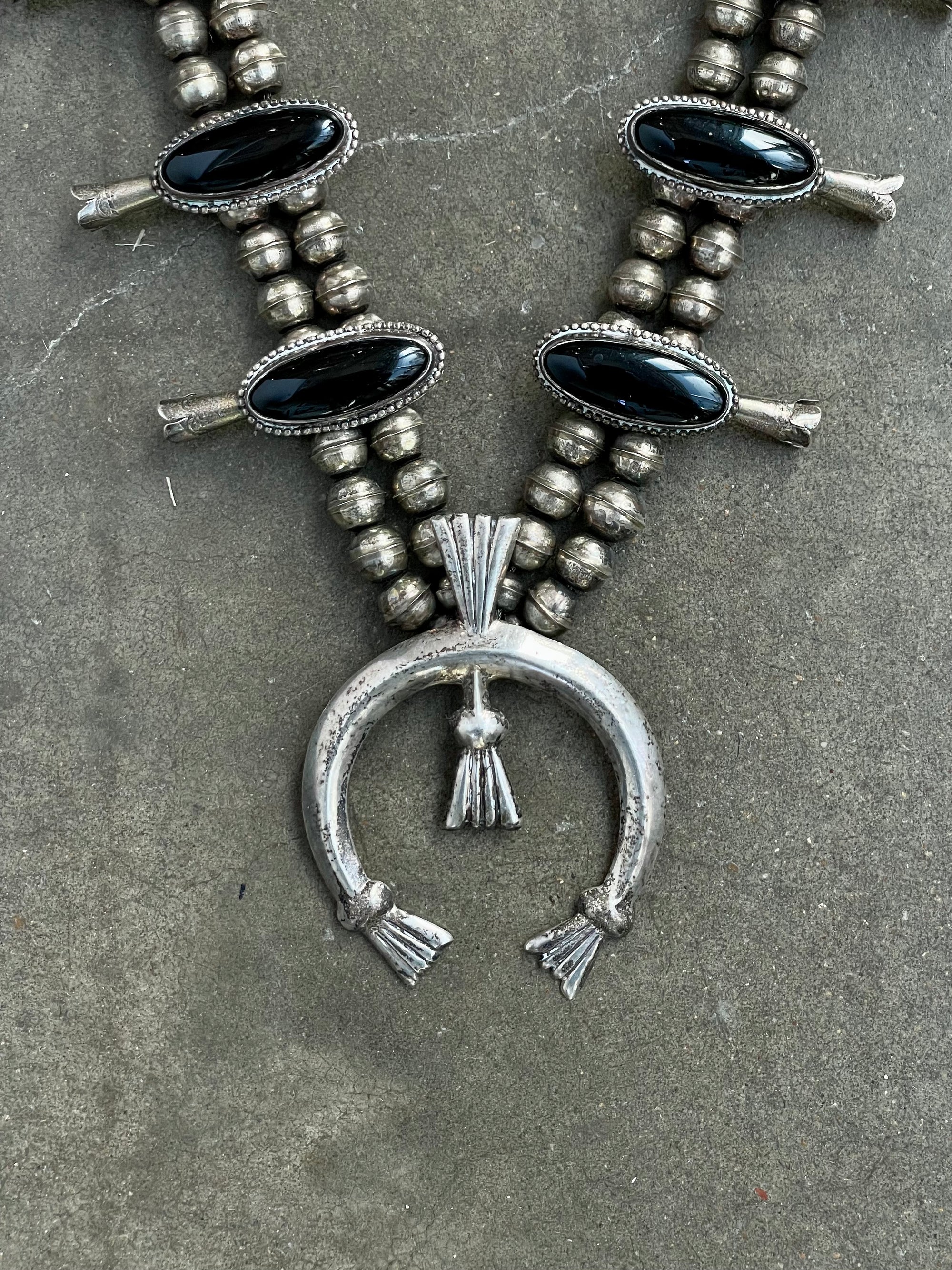 Vintage Black Onyx Squash Blossom Necklace