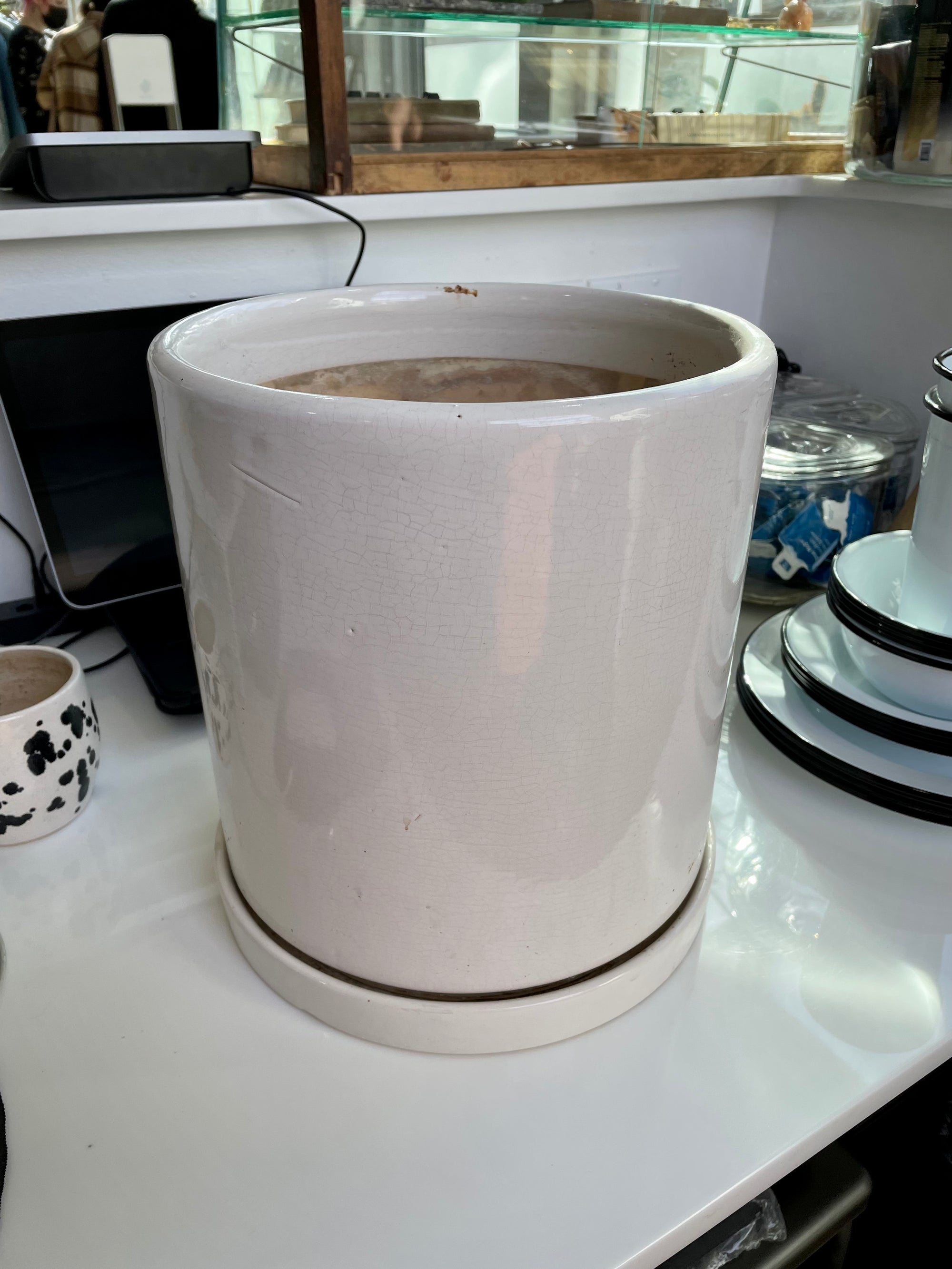 Large White Cylinder Pot w/ Saucer
