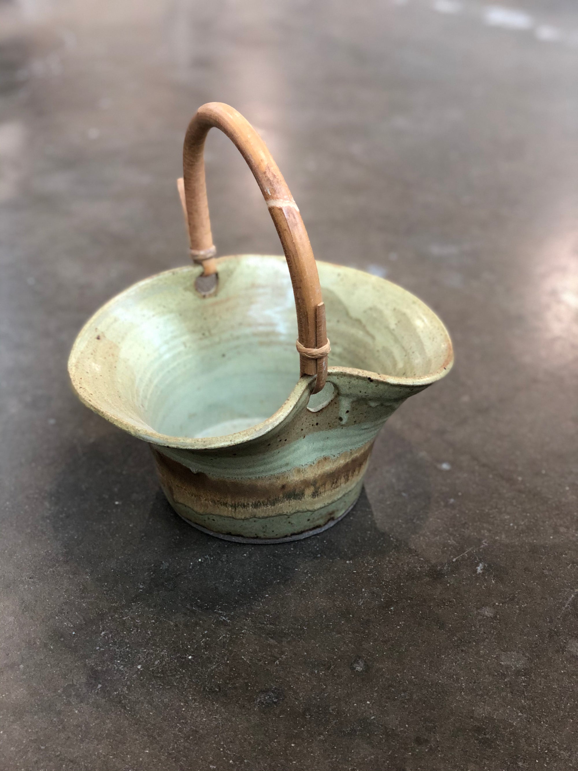 Vintage Ceramic Basket With Wooden Handle